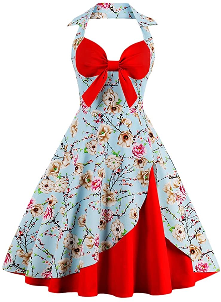 Price:$13.99    Vintage Halter Cocktail Dress 1950s Retro Rockabilly Swing Homecoming Summer Dresses (S, Red)  Clothing