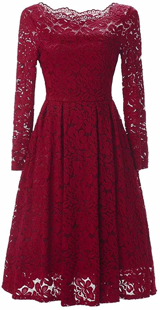 Price:$25.99    Tueenhuge Women Vintage Floral Lace Long Sleeve Boat Neck Cocktail Formal Party Swing Dress  Clothing