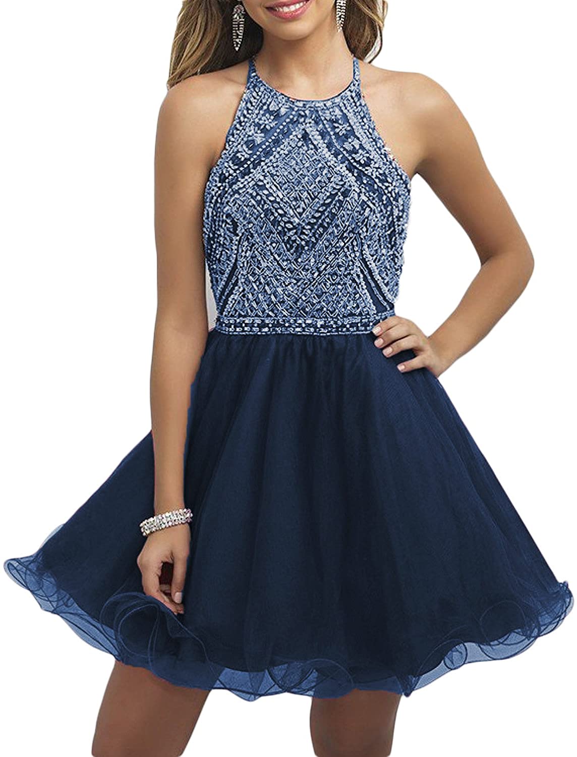 Price:$74.99    OYISHA Women's Short Tulle Halter Prom Homecoming Dress Beaded A-Line Cocktail Party Dress 79HC  Clothing