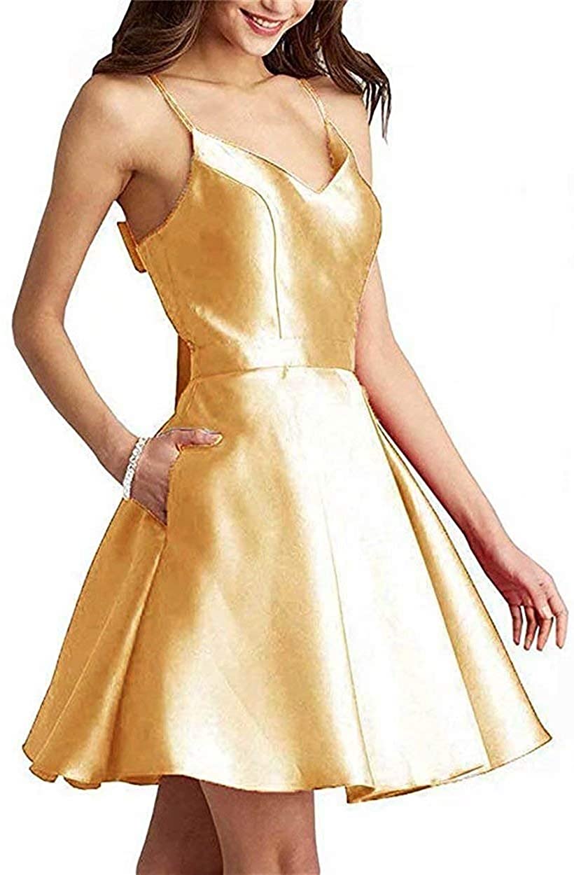 Price:$79.99    DianSheng V Neck Homecoming Dresses Short with Pockets for Juniors A Line Prom Dress Gold 16  Clothing