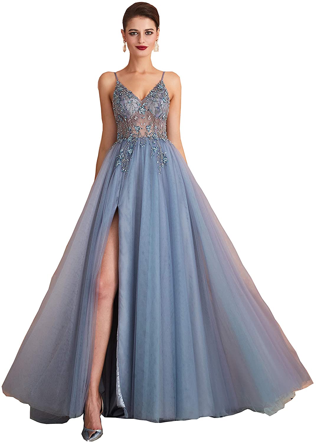 Price:$149.99    Heartgown Women's Sexy Side Split Major Beading Backless Tulle Evening Dresses  Clothing