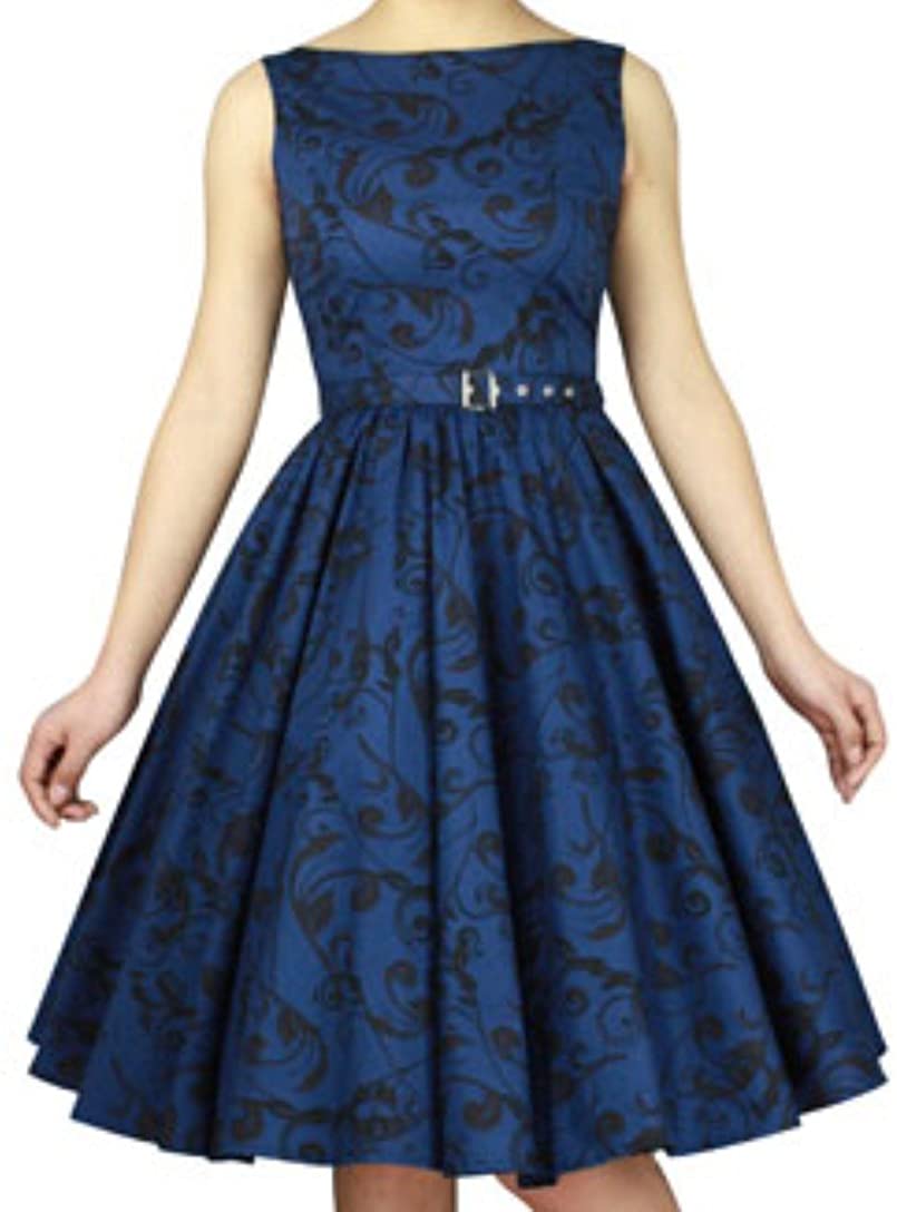 Price:$33.90    (XS-XXL) Date Night - Blue w Black Print 30s 40s Cotton Retro Pin-up Swing Dress  Clothing