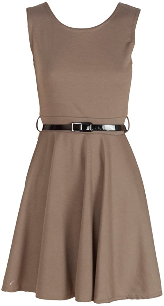 Price:$9.99    Candy Girl Clothing Sleevless Plain Skater Dress Belted (SM, Mocha)  Clothing
