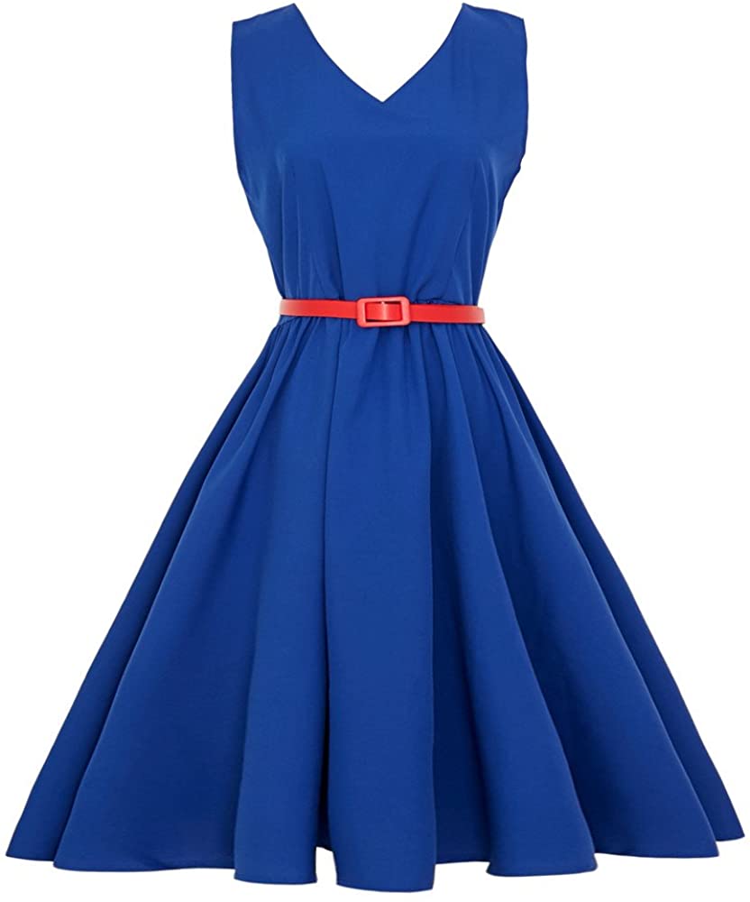 Price:$5.89 kingfansion Women Vintage Swing A-Line Dresses Sexy V Neck Sleeveless Retro Cocktail Party Prom Dress with Belt at Amazon Women’s Clothing store