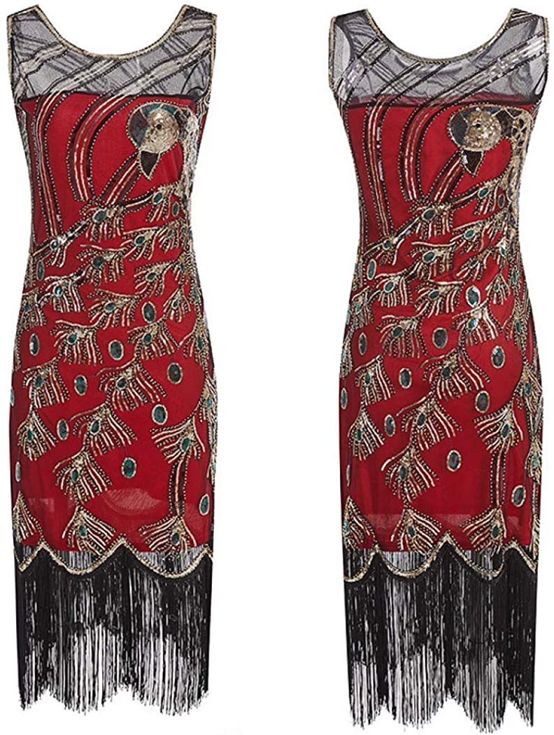 Price:$37.99    Comeon 1920s Dresses Women's Hollow Beaded Bezel Fringe Gatsby Cocktail Dress (Red,S)  Clothing