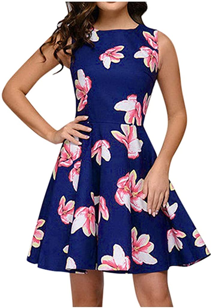 Price:$13.99    BBesty Women's Vintage Floral Print Sleeveless Round Neck Cocktail Party Wedding Prom Swing Dress  Clothing