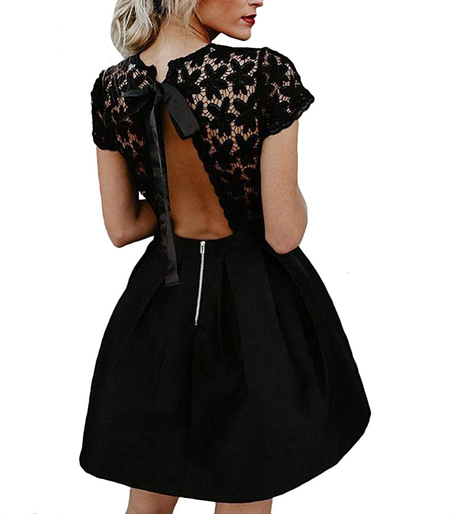 Price:$27.99    WISEFIN Women's Short Sleeve Lace Floral Open Back Skater Cocktail Wedding Party Dress Black  Clothing