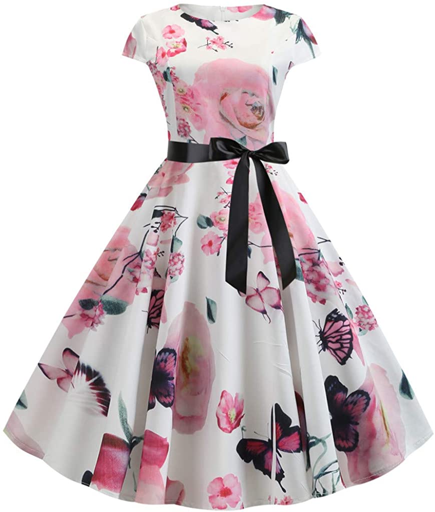 Price:$17.99 1950 Dresses for Women Vintage Cocktail Party Rockabilly 60s Flower Print Sleeveless Crewneck Swing Dress Gowns with Bow Belt at Amazon Women’s Clothing store