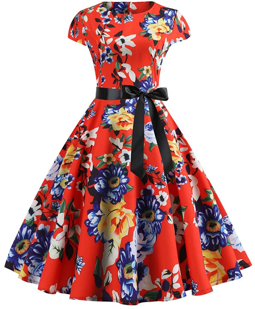 Price:$10.54 Christmas Women's Short Sleeve O Neck Printing Vintage Gown Evening Party Dress at Amazon Women’s Clothing store