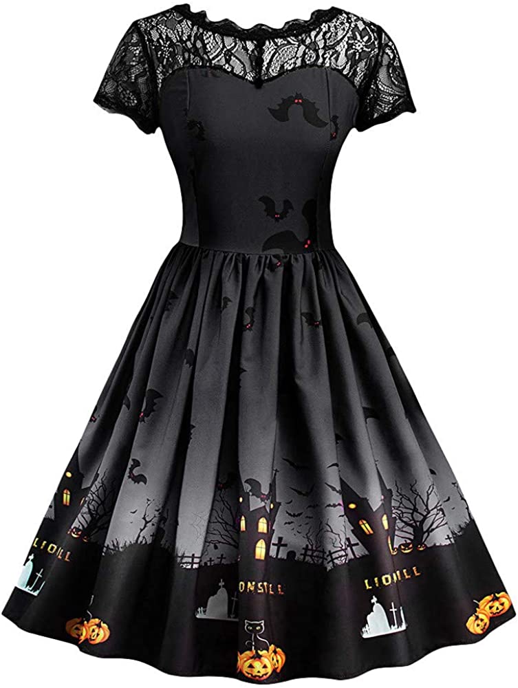 Price:$10.40 Women Short Sleeve Halloween Retro Lace Vintage Dress A Line Pumpkin Swing Dress at Amazon Women’s Clothing store