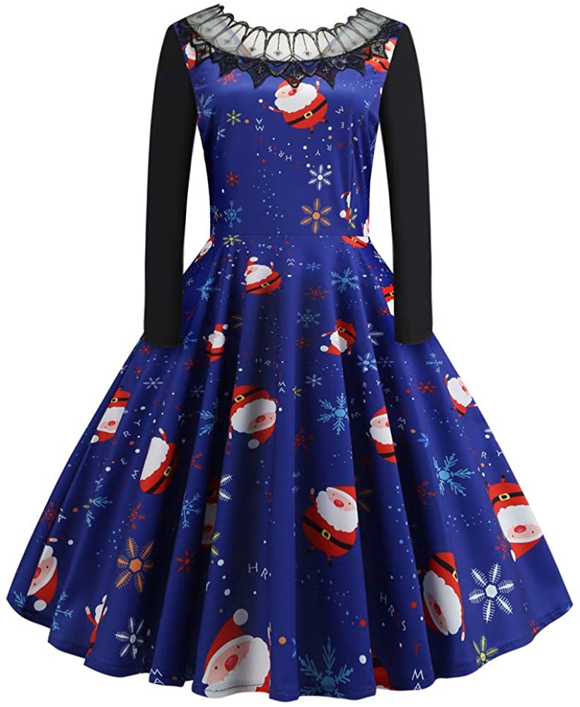 Price:$12.72    Fashion Women Merry Christmas Vintage Print Lace Evening Party Swing Flare Dress  Clothing