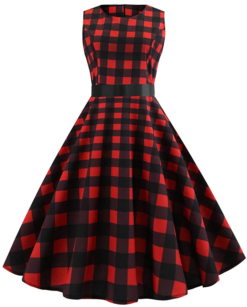 Price:$9.72    Women Vintage Sleeveless O Neck Evening Plaid Printing Party Prom Swing Dress  Clothing