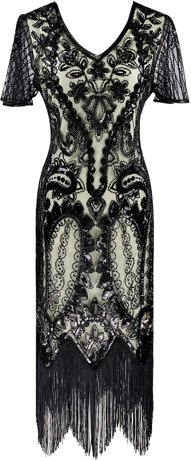 Price:$44.90    1920s Great Gatsby Flapper Floral Beaded Party Cocktail Dress with Sequined Short Sleeve Black Beige  Clothing