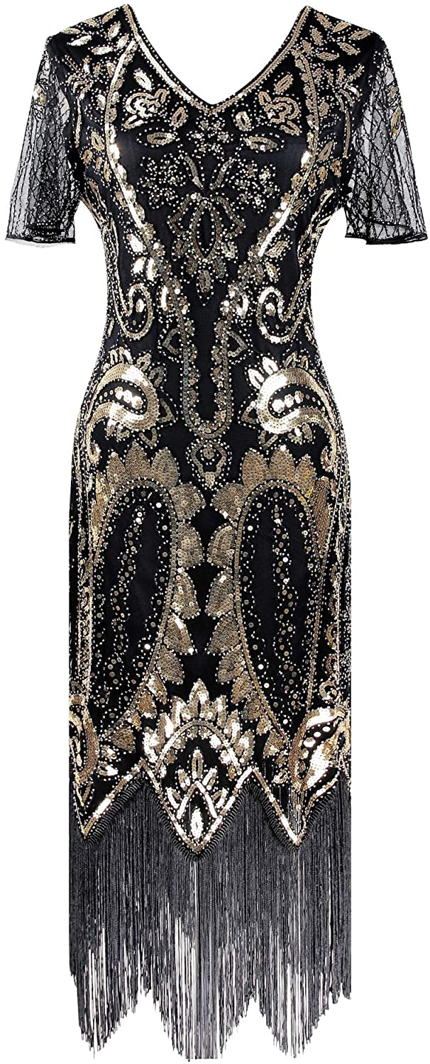 Price:$44.90    1920s Great Gatsby Flapper Floral Beaded Party Cocktail Dress with Sequined Short Sleeve Black Gold  Clothing