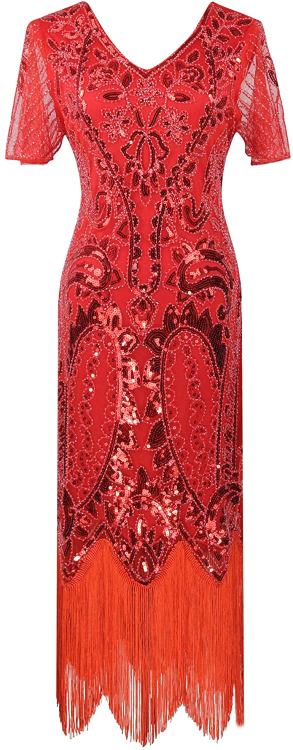 Price:$44.90    1920s Great Gatsby Flapper Floral Beaded Party Cocktail Dress with Sequined Short Sleeve  Clothing