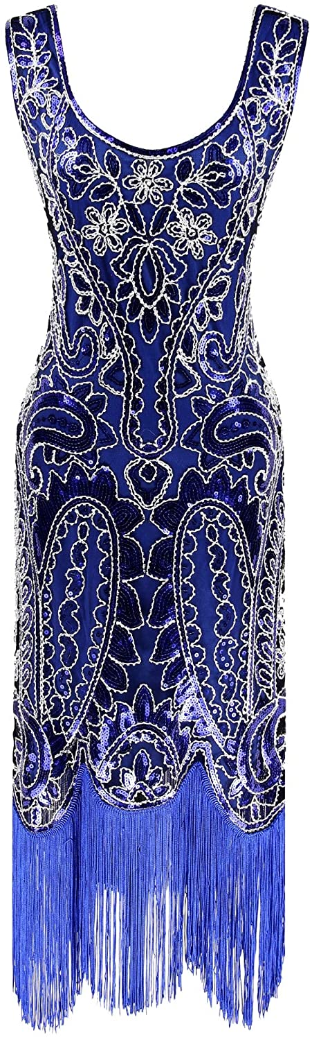 Price:$44.90    Vintage 1920s Dresses Embellished Gatsby Party Floral Beaded Cocktail Flapper Evening Dress Blue  Clothing