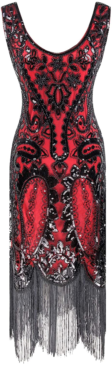 Price:$44.90    Vintage 1920s Dresses Embellished Gatsby Party Floral Beaded Cocktail Flapper Evening Dress Black Red  Clothing
