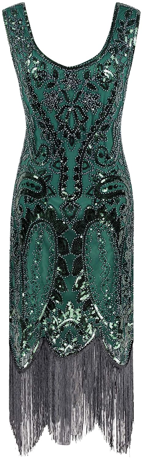 Price:$44.90    Vintage 1920s Dresses Embellished Gatsby Party Floral Beaded Cocktail Flapper Evening Dress Black Green  Clothing