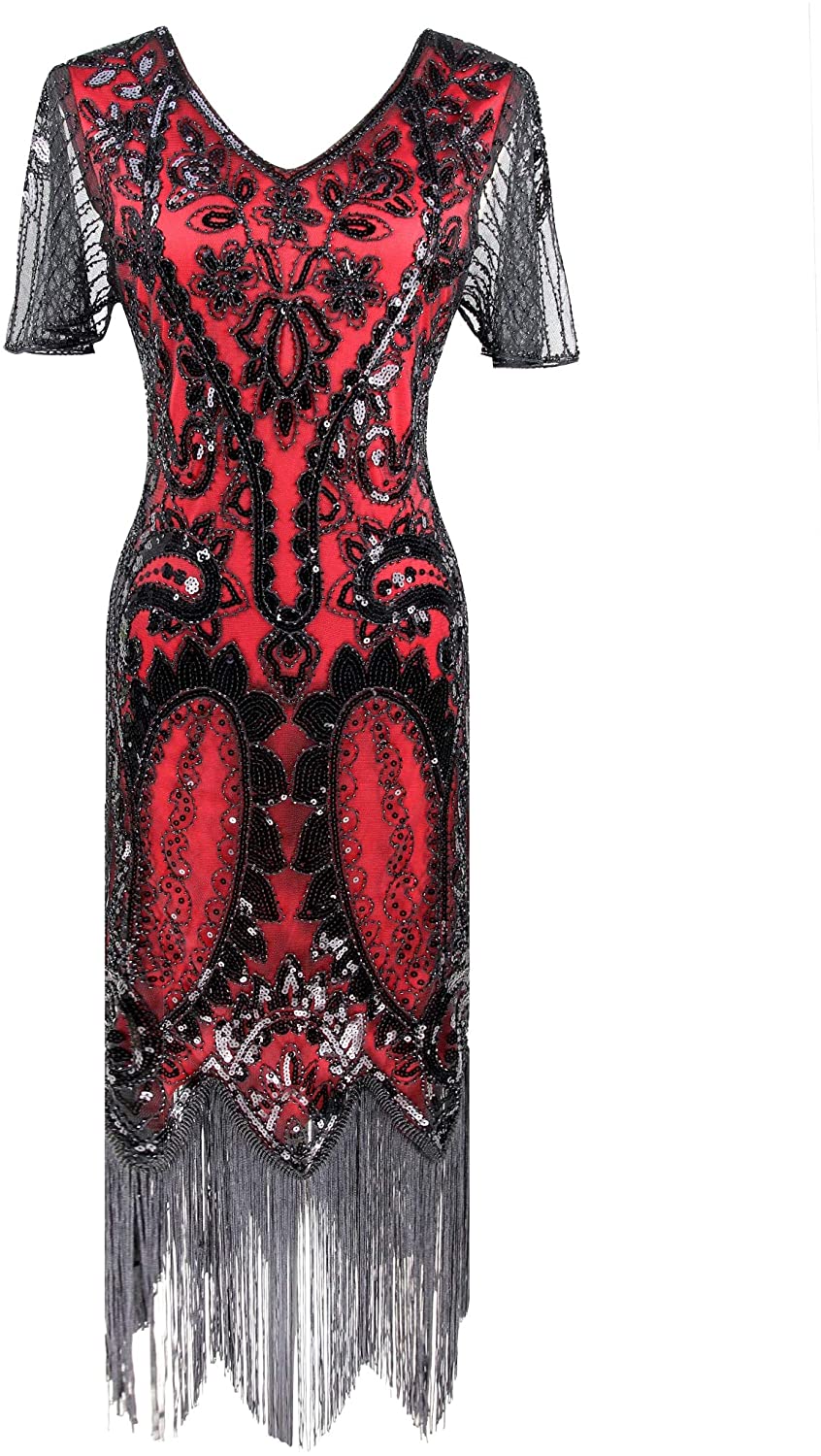 Price:$44.90    1920s Great Gatsby Flapper Floral Beaded Party Cocktail Dress with Sequined Short Sleeve Black Red  Clothing