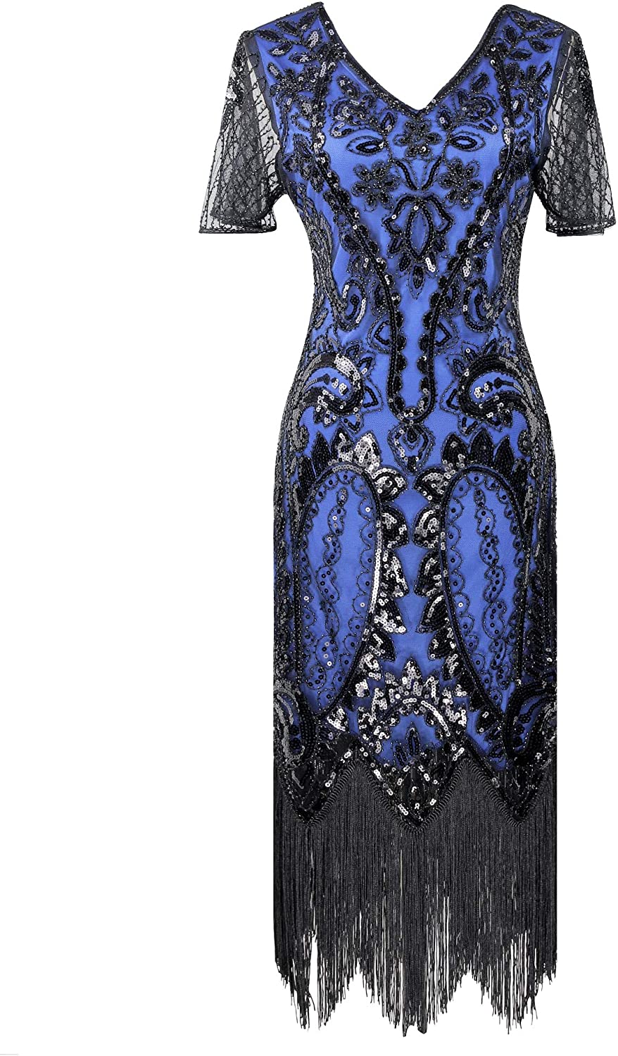 Price:$44.90    1920s Great Gatsby Flapper Floral Beaded Party Cocktail Dress with Sequined Short Sleeve Black Blue  Clothing