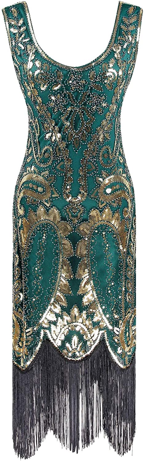 Price:$44.90    Vintage 1920s Dresses Embellished Gatsby Party Floral Beaded Cocktail Flapper Evening Dress Gold Green  Clothing