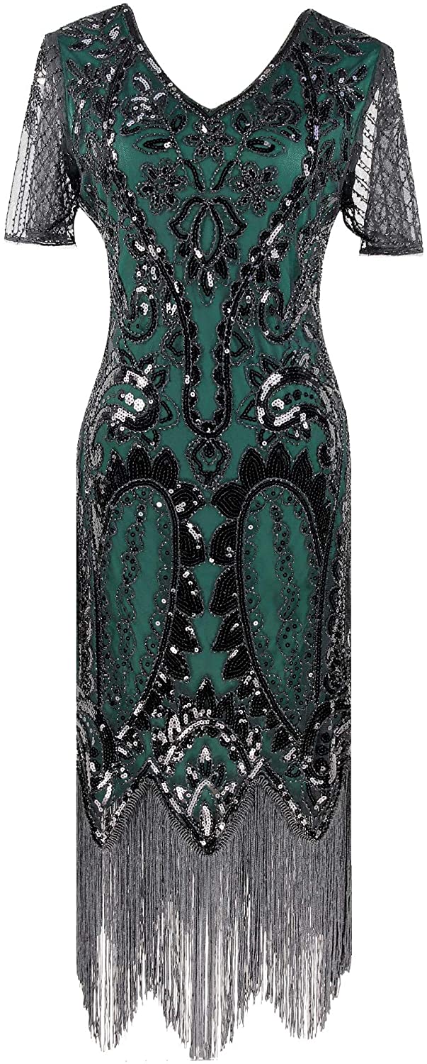 Price:$44.90    1920s Great Gatsby Flapper Floral Beaded Party Cocktail Dress with Sequined Short Sleeve Black Green  Clothing