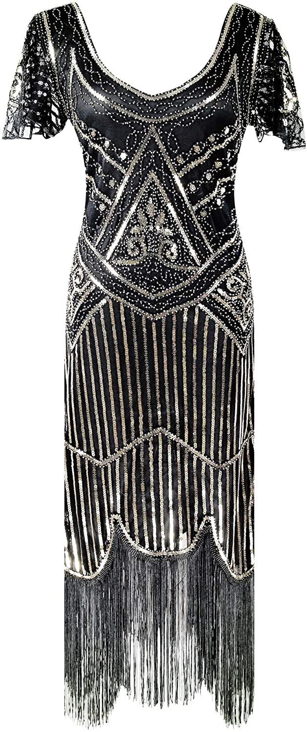 Price:$44.96    1920s Great Gatsby Flapper Floral Beaded Party Cocktail Dress with Sequined Short Sleeve  Clothing