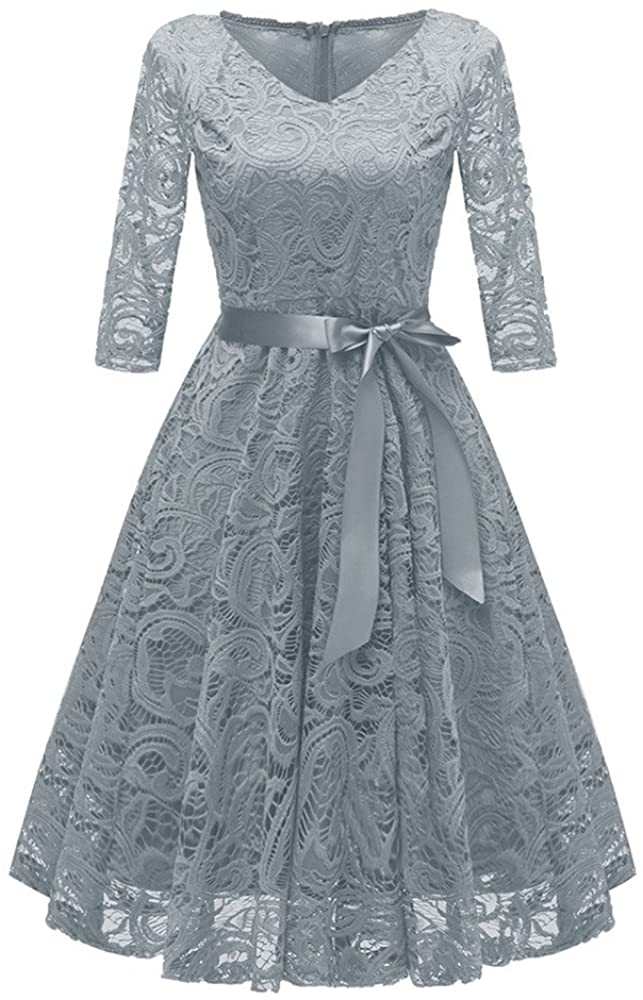 Price:$16.99    Women's Vintage Floral Lace Swing A-Line Dress 3/4 Sleeve V Neck Elegant Cocktail Formal Midi Dress for Ladies  Clothing