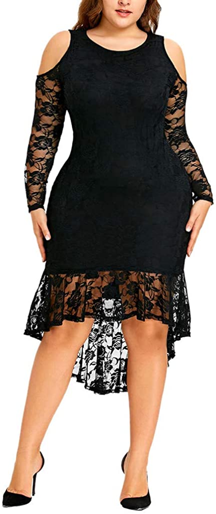 Price:$6.99 Muranba Womens Dresses Cold Shoulder Lace Dress Plus Size Plunging Neck Lace Party Dress at Amazon Women’s Clothing store