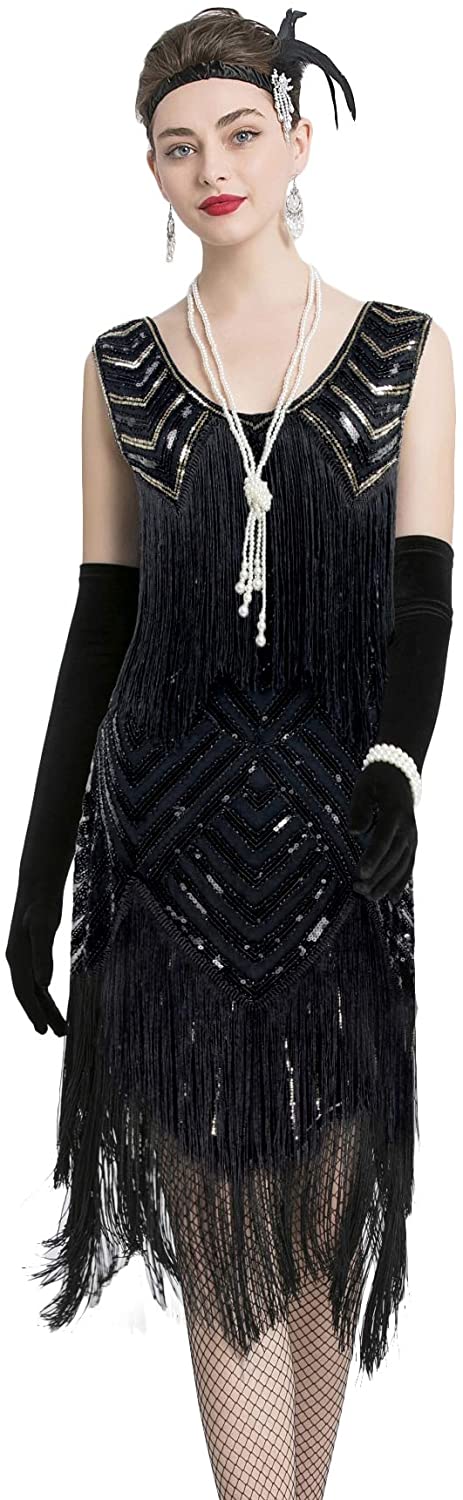 Price:$44.99    1920s Multilayer Tassels Vintage Sequin Gatsby Midi Evening Prom Fringed Mardi Gras Dress  Clothing