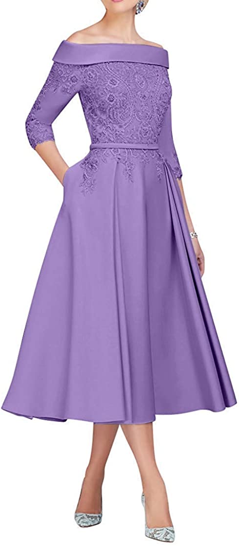 Price:$108.00    iluckin Women's Off The Shoulder Lace Appliques Beaded Crystal Mother of The Bride Groom Dresses Knee Length with Sleeve  Clothing
