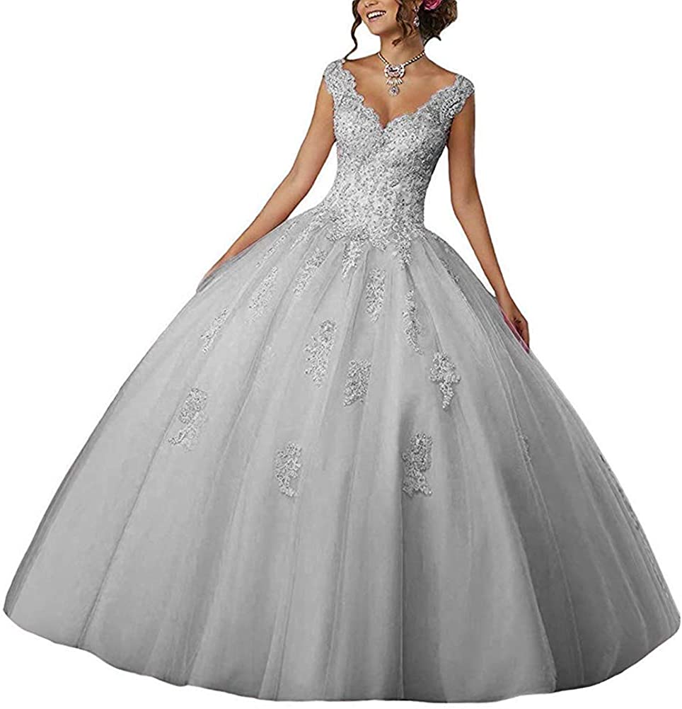 Price:$129.99    iluckin Women's Sexy V-Neck Beaded Crystal Lace Applique Formal Party Dress Sweet Prom Ball Gown for Gilrs  Clothing