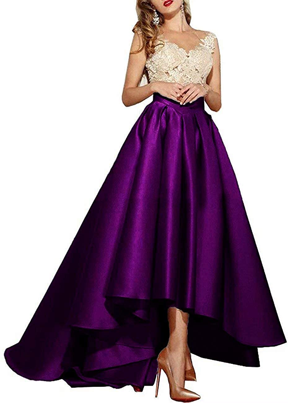 Price:$99.99    iluckin Women's Sexy V Neck Hi-Lo Prom Formal Party Dresses Lace Appliques Bridesmaid Gowns Grape  Clothing