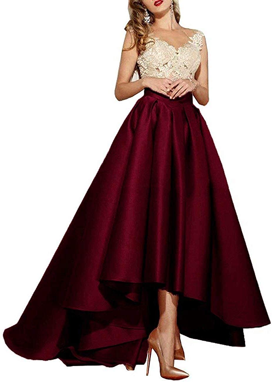Price:$99.99    iluckin Women's Sexy V Neck Hi-Lo Prom Formal Party Dresses Lace Appliques Bridesmaid Gowns Burgundy  Clothing