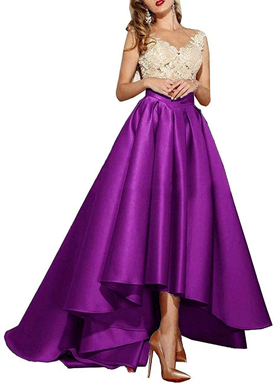 Price:$99.99    iluckin Women's Sexy V Neck Hi-Lo Prom Formal Party Dresses Lace Appliques Bridesmaid Gowns Purple  Clothing