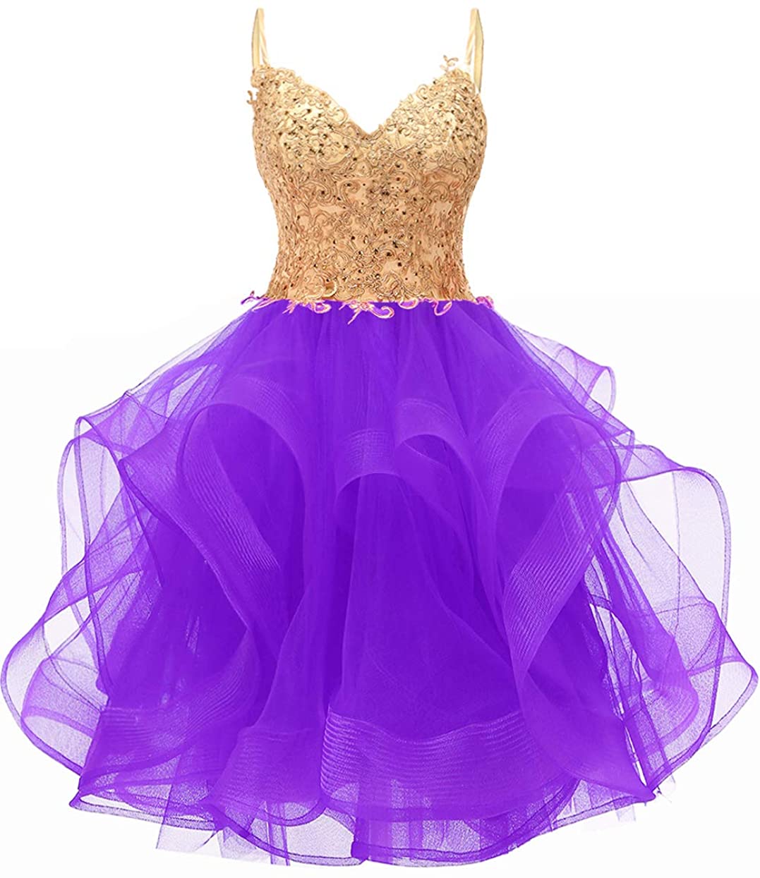 Price:$69.99    Ailidaw Women's Spaghetti Strap Prom Homecoming Dresses Tiered Tulle Gold Applique Short Cocktail Party Gowns  Clothing