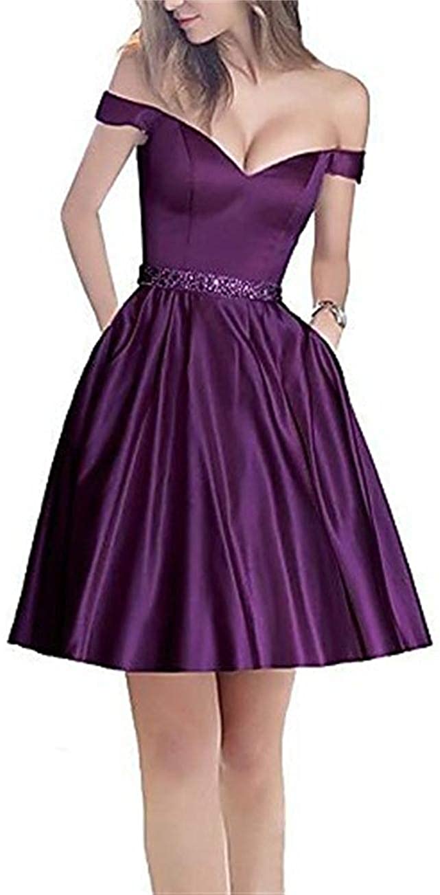 Price:$72.99    SSPBridal A-line Off-Shoulder Short Homecoming Dresses Satin Mini Cocktail Party Gowns with Beading Prom Dress Purple 18w  Clothing