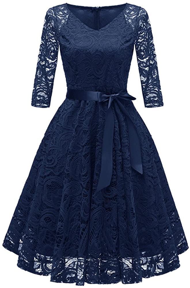 Price:$15.51    Women Vintage Princess Floral Lace Embroidered Half Sleeve Pure Color Cocktail V-Neck Party Aline Swing Dress  Clothing