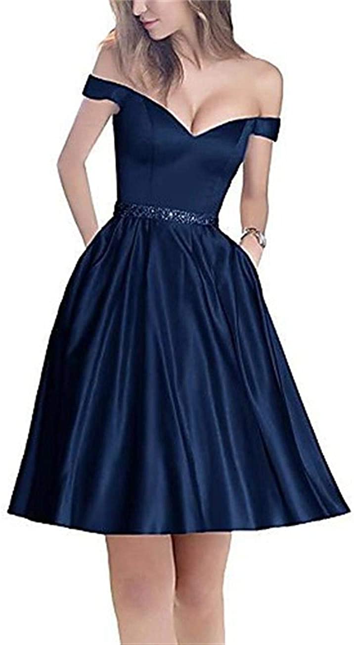 Price:$66.99    SSPBridal A-line Off-Shoulder Short Homecoming Dresses Satin Mini Cocktail Party Gowns with Beading Prom Dress pp135  Clothing