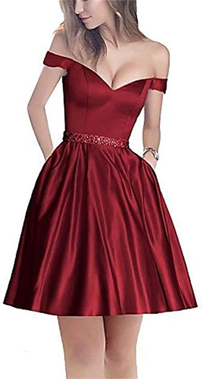 Price:$72.99    SSPBridal A-line Off-Shoulder Short Homecoming Dresses Satin Mini Cocktail Party Gowns with Beading Prom Dress Burgundy 20w  Clothing