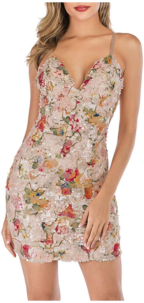 Price:$10.50    Vild Sequin Dress for Women, Floral Print Backless Bodycon Mini V Neck Sexy Cocktail Party Club Night Out Outfit  Clothing