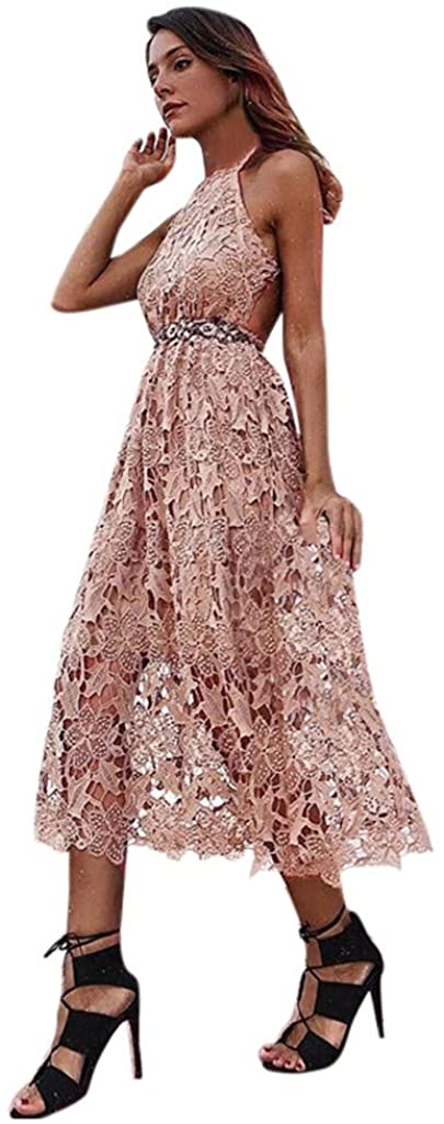 Price:$3.59 Doric Womens Halter Neck Sleeveless Floral Lace Hollow Out Gown Cocktail Party Prom Midi Dresses at Amazon Women’s Clothing store
