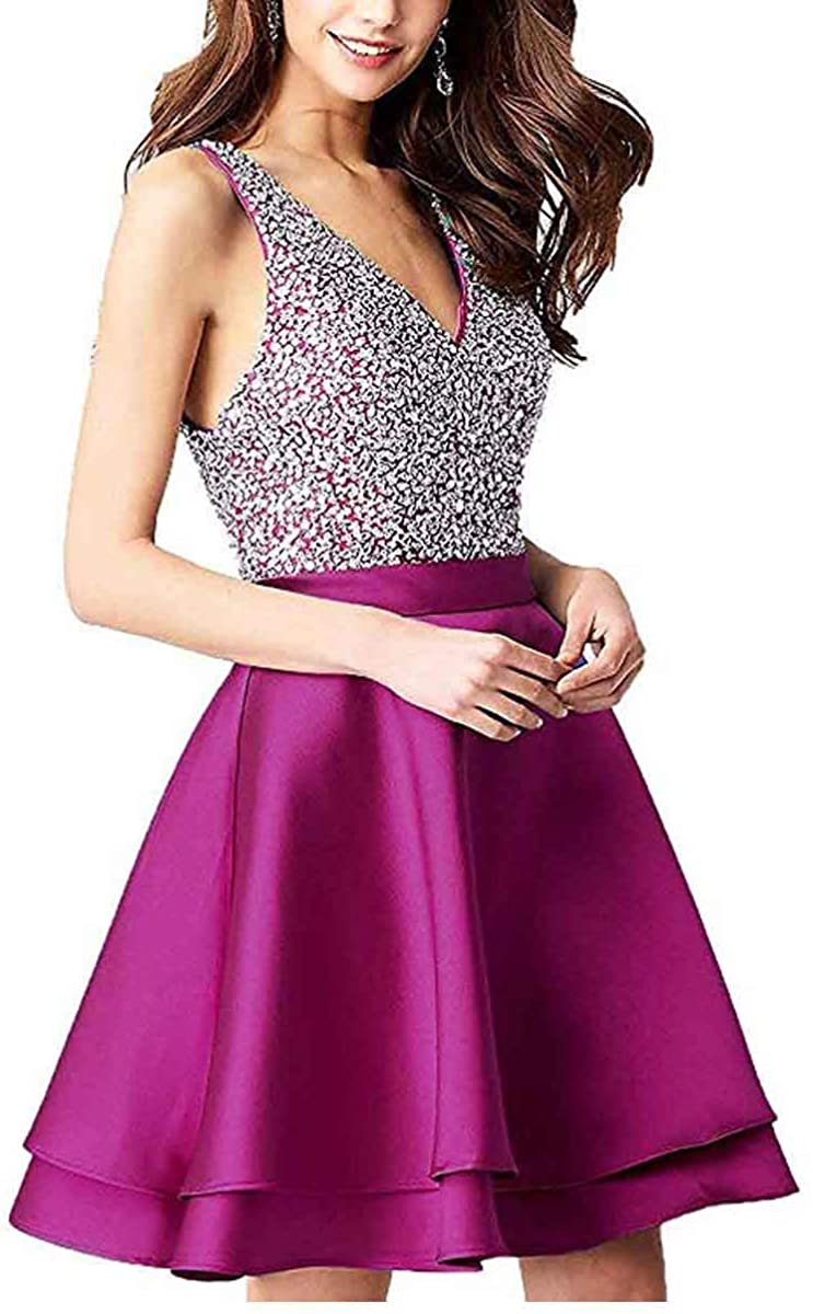 Price:$69.00    SZJMS V-Neck Satin Homecoming Dress Short Beading Formal Evening Prom Gown for Junior PDD047  Clothing