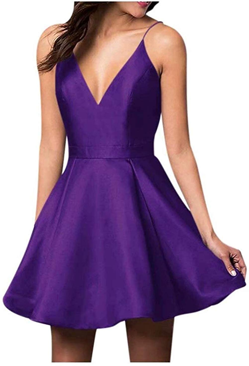 Price:$59.99    Ailidaw Women's Spaghetti Straps Homecoming Dresses Short Satin V-Neck Prom Dress with Pockets Purple  Clothing