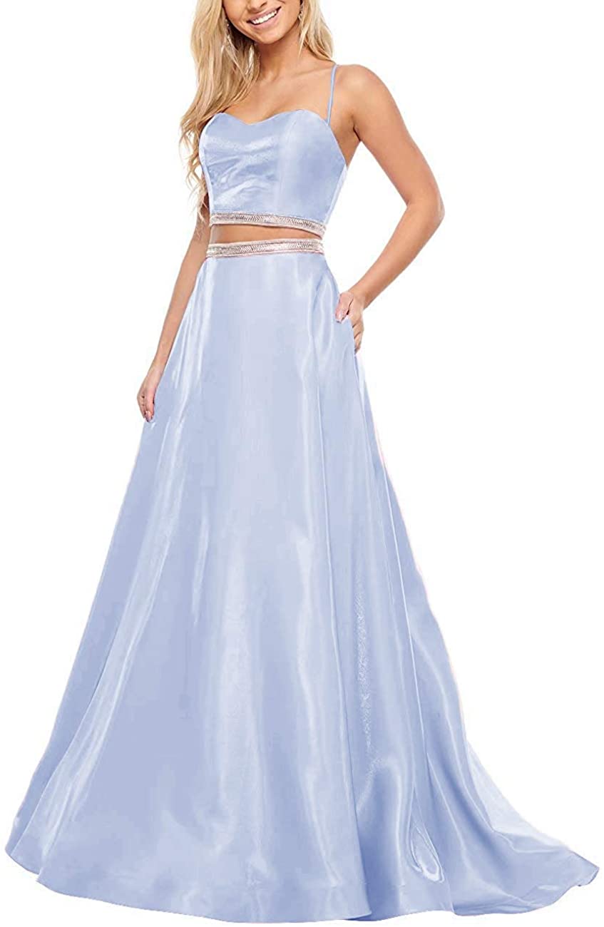 Price:$59.99    ZLQQ Women's Beaded Two Pieces Prom Dresses Long Sweetheart Formal Evening Gown Light Blue  Clothing