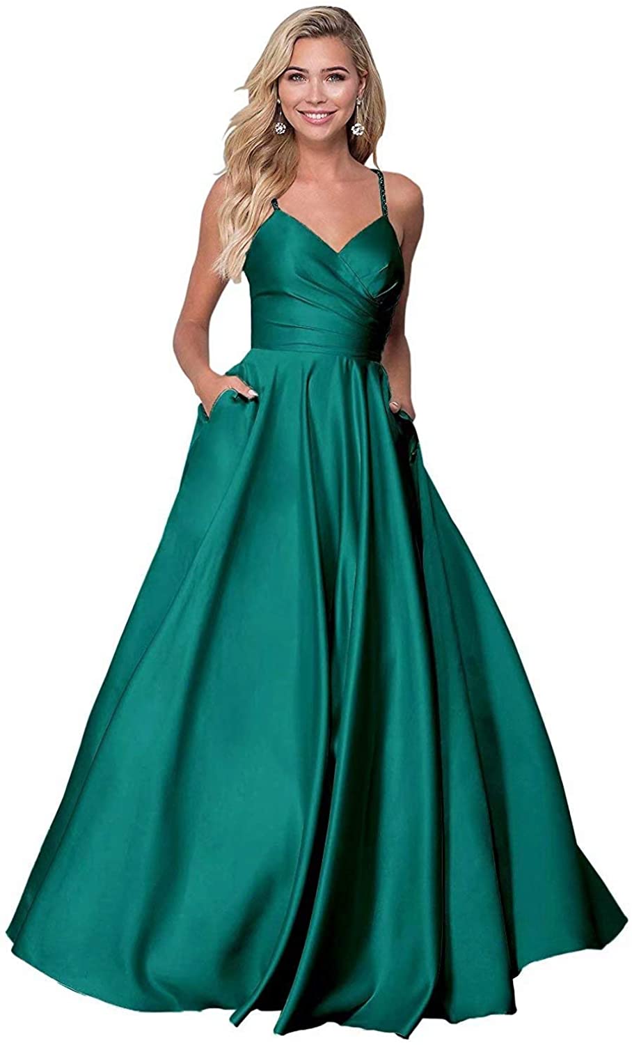 Price:$85.99    FNKS V Neck Prom Dresses Beaded Spaghetti Strap Satin Long Evening Party Gowns with Pockets Teal US 4  Clothing