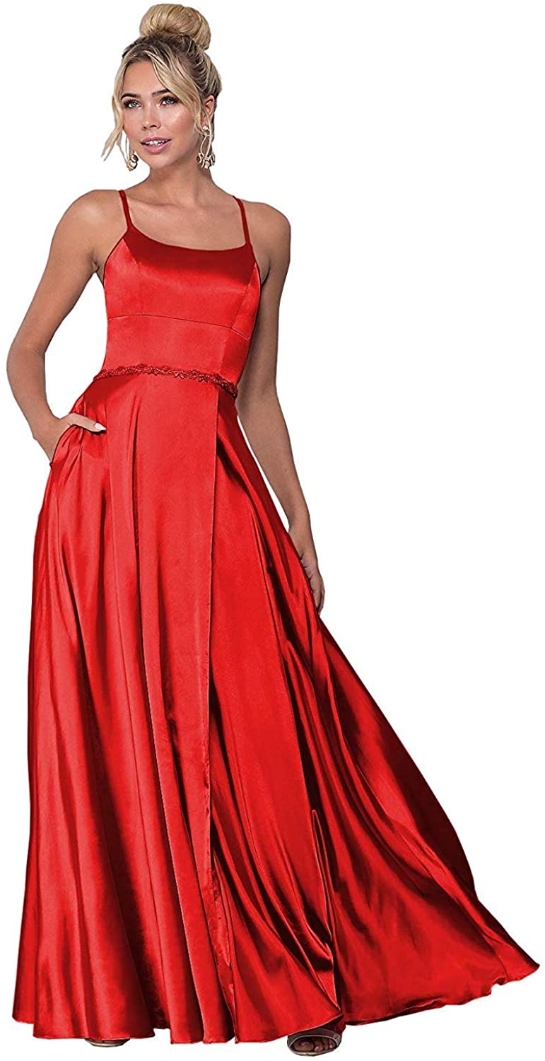 Price:$69.99    Women's Beaded Halter Satin Prom Dress Long Evening Party Gown with Pockets Red US 14  Clothing