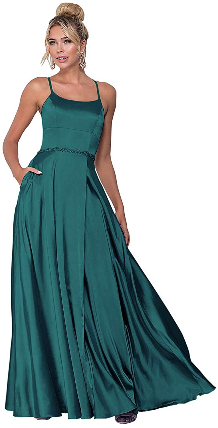 Price:$79.99    Women's Beaded Halter Satin Prom Dress Long Evening Party Gown with Pockets Teal US 20 Plus  Clothing