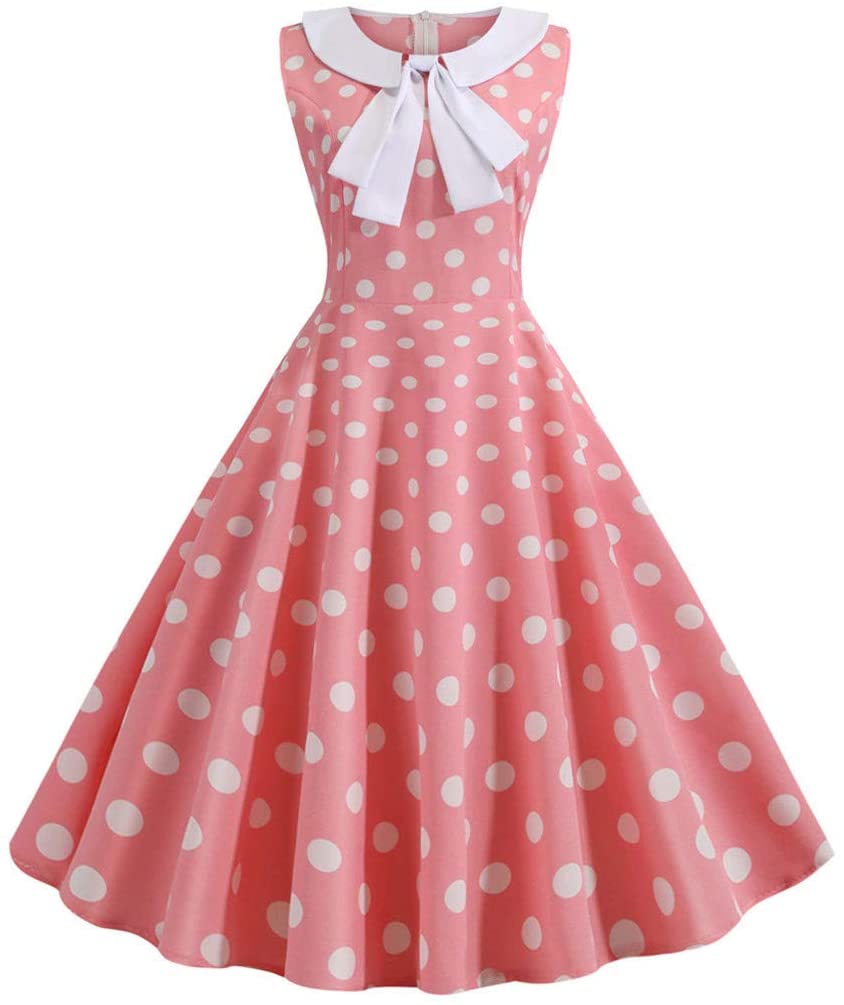 Price:$12.90    Iusun Women's Vintage 1950s A-line Dress Retro Sleeveless Lapel Dot Party Swing Rockabilly Prom Cocktail Hepburn Tea Flare Skirt  Clothing