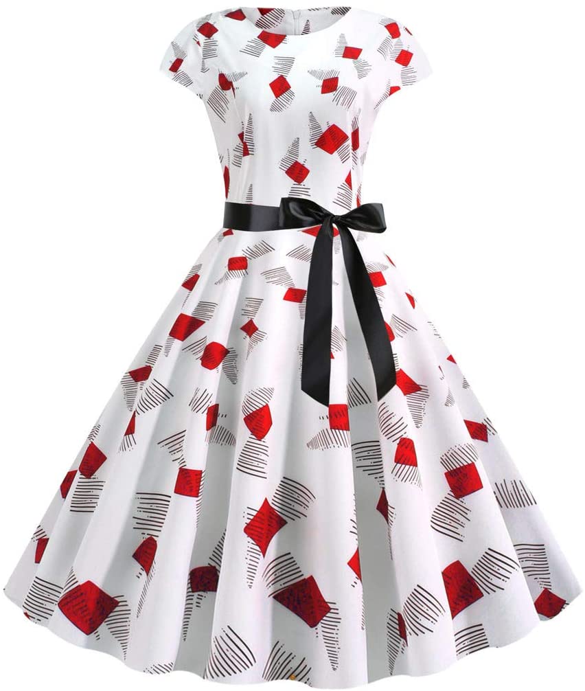 Price:$12.56    Iusun Women's Vintage 1950s A-line Dress Retro Short Sleeve Party Swing Rockabilly Prom Cocktail Hepburn Tea Flare Skirt  Clothing